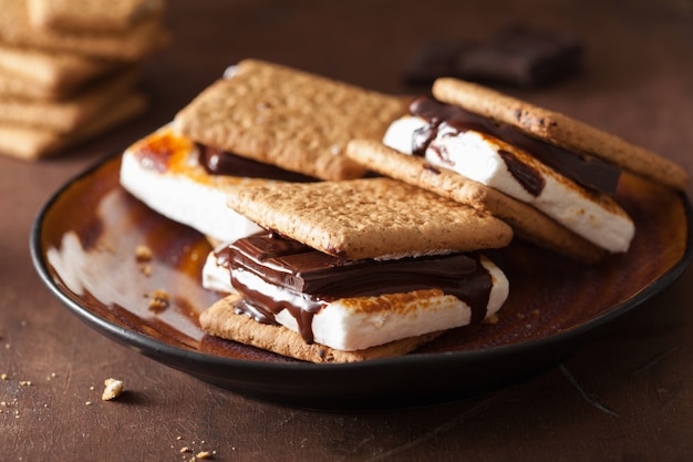 Malvaviscos caseros s'mores con chocolate en galletas