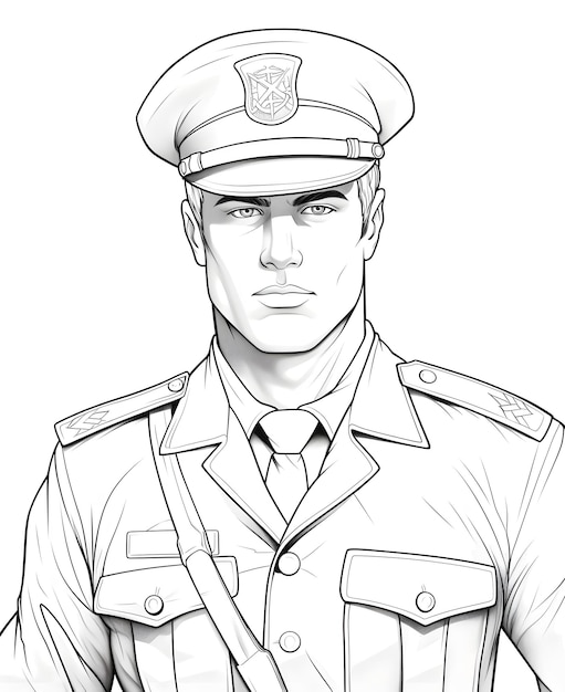 Malvorlage „Ein gutaussehender Mann Anfang 30 in Uniform eines Sicherheitsbeamten“ zum Ausmalen für Erwachsene