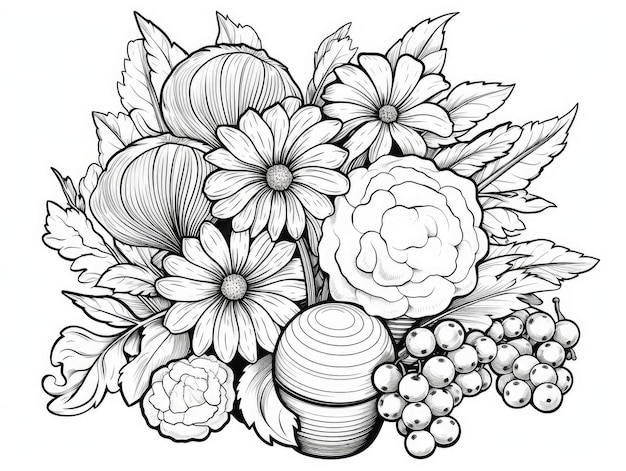 Malvorlage eines lebendigen Arrangements blühender Blumen mit Blattwerk und Beeren