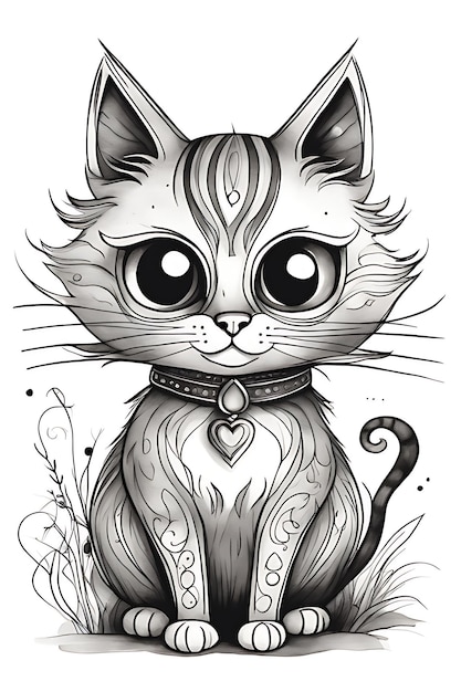 Malvorlage „Süße Katze“ für Kinder zum Ausdrucken in Farbe und Farbe