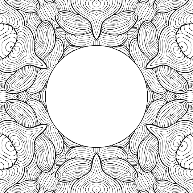 Malvorlagen Antistress, symmetrische Blumenzeichnung in Schwarz und Weiß. Einfarbiger Blumenhintergrund. Handgezeichnete Ornament mit Blumen, entspannende Malbuch. Locken Mandala meditatives Zeichnen