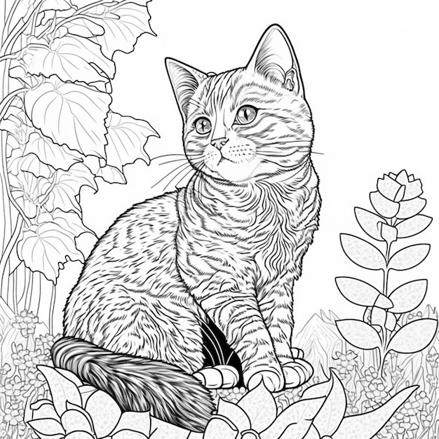 Malvorlagen für Erwachsene mit einer Katze, die auf einer generativen Blume sitzt