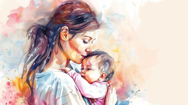 Foto mamá abraza al bebé tarjeta de vacaciones del día de la madre ilustrada en acuarela ilustración de la maternidad
