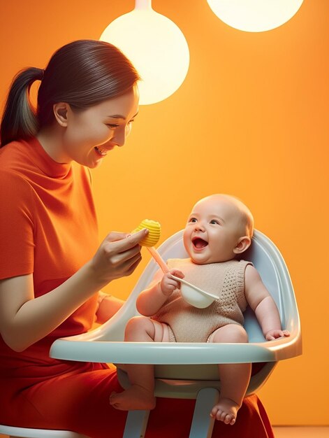 mamá abraza a su hijo en una silla alta un trozo de pastel con el número seis en la mesa Hola IA generativa