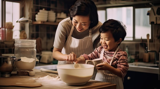 Mamá asiática con cabello corto horneando un pastel con un niño