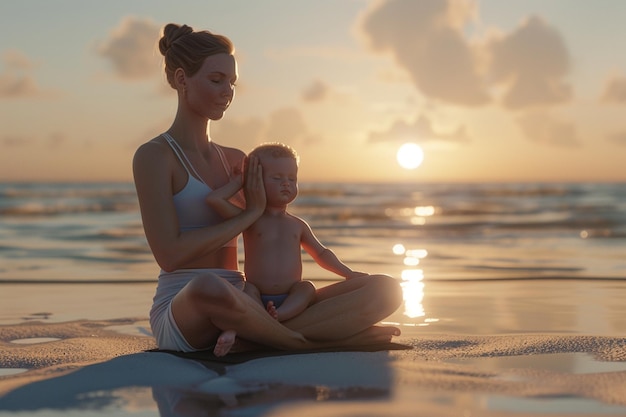 Mamá y bebé disfrutando del yoga en la playa