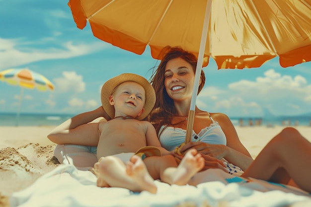 Mamá y bebé relajándose bajo un paraguas de playa