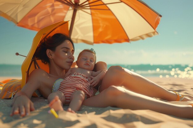 Mamá y bebé relajándose bajo un paraguas de playa