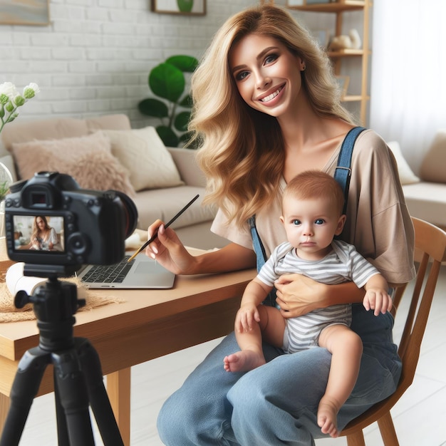 Foto mamá bloguera con su bebé en casa mujer millennial influencer que crea contenido para su maternidad