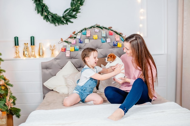 Mamá le da un cachorro de jack russell a su hija en la víspera de año nuevo en el fondo del calendario de adviento, amando a la familia en la habitación