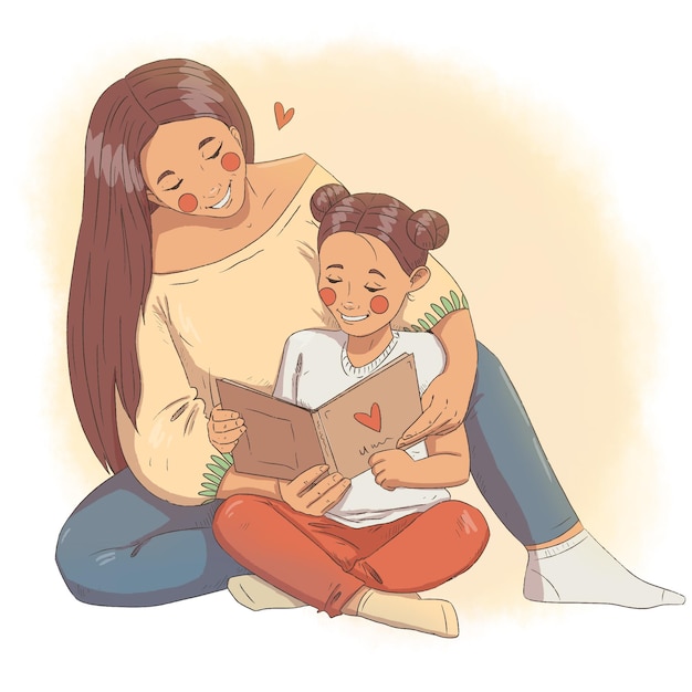 Mamá e hija disfrutan leyendo un libro interesante juntas