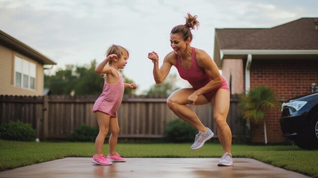 Foto mamá e hija haciendo fitness generativa de ia