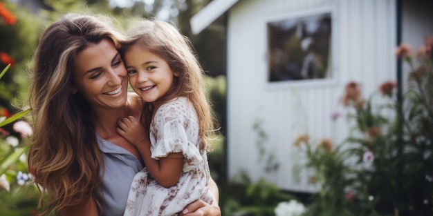 Mamá e hija pasan tiempo en el jardín de su casa IA generativa