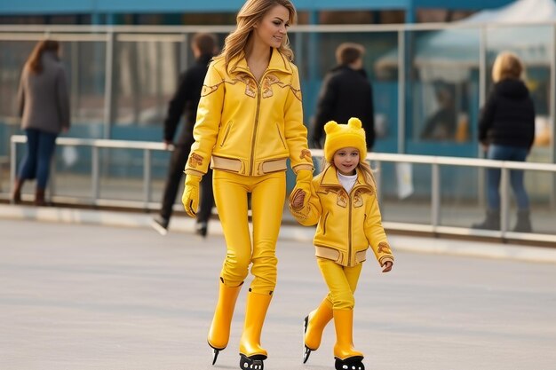 Mamá e hija en trajes amarillos y patines amarillos viajan en una pista de hielo al aire libre tomados de la mano