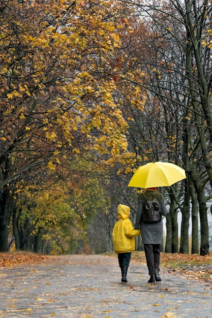 Mamá e hijo caminan por el callejón del parque de otoño bajo un paraguas amarillo Vista posterior Marco vertical