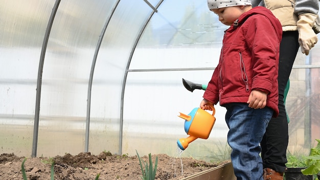 Mamá e hijo cuidan las plantas en el invernadero.