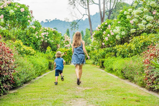Mamá e hijo están corriendo en el jardín floreciente concepto de estilo de vida familiar feliz