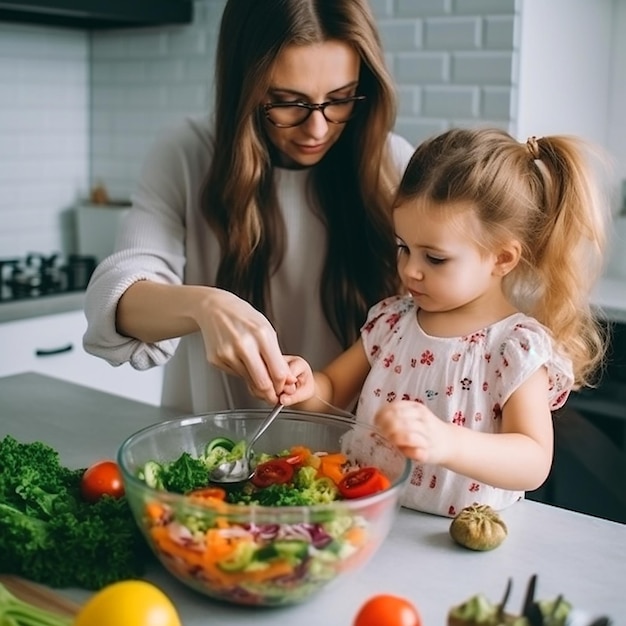 Mamá le enseña a su hija cómo cocinar una linda foto familiar de ensalada