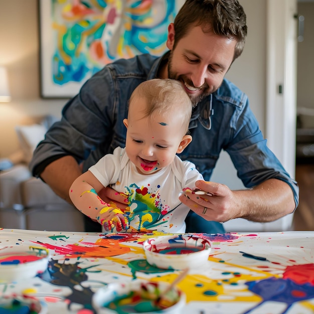 Mamá enseñando al bebé a pintar un lío de colores