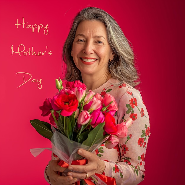 Mamá feliz con regalos y flores