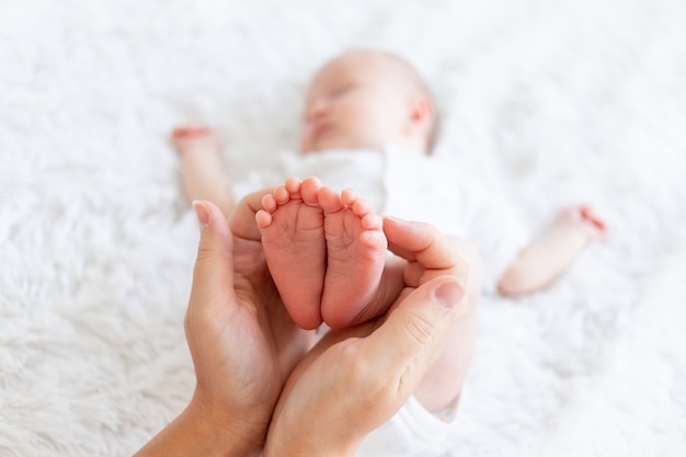 Mama hält die Beine eines neugeborenen Babys in ihren Händen auf einer weißen Hintergrundnahaufnahme, Mamas Liebe und Fürsorge