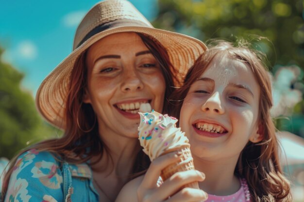 Foto mamá y hija felices disfrutando de helado en el parque