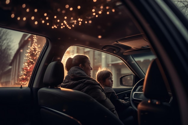 Mamá con hijo sentado en el auto en invierno Noche de Navidad Nieve del árbol de Navidad creada con ai