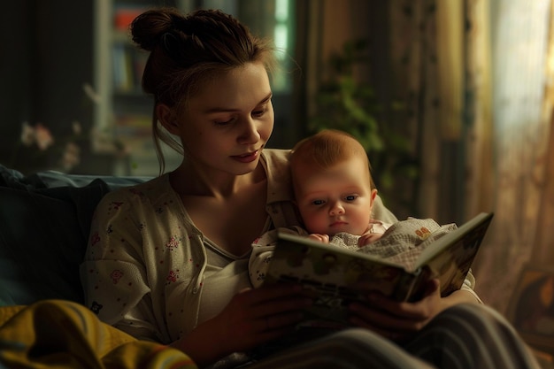 Foto mamá leyendo un cuento para su bebé antes de acostarse