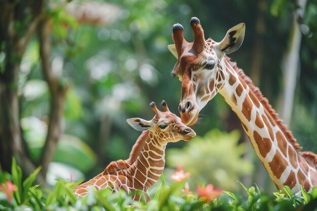 Foto mamá linda y la jirafa bebé en el jardín