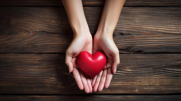 Mamá y mano de niño sosteniendo un corazón rojo en la vieja madera 3D