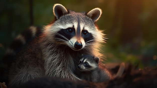 Mamá mapache con pequeño mapache IA generativa