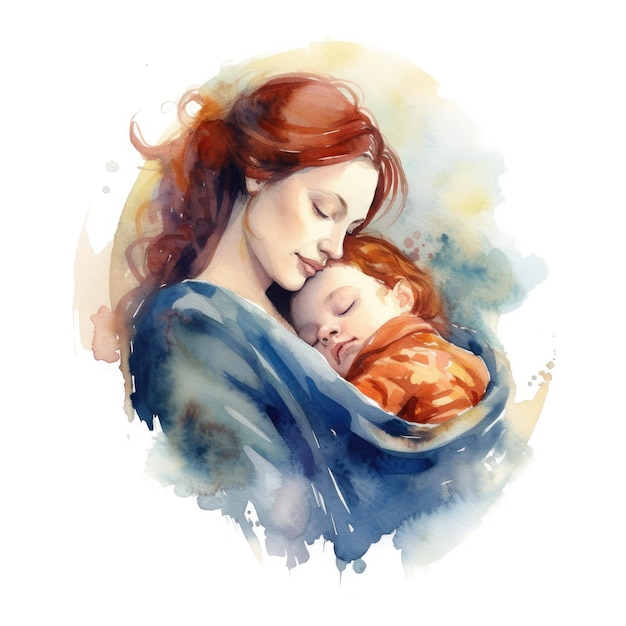 Mamá y niño abrazando ilustración acuarela Tarjeta de póster de madre y niño Familia feliz del día de la madre