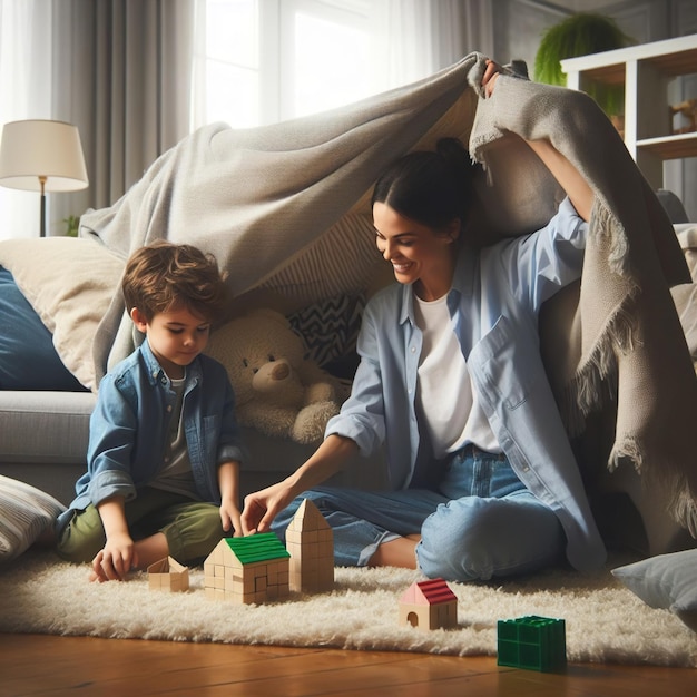 Foto mamá y un niño jugando con bloques de madera en una alfombra