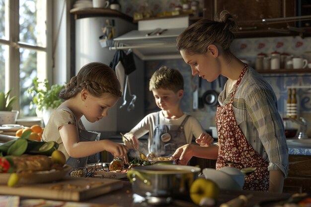 Mamá y niños asistiendo a un espectáculo de cocina en vivo octano