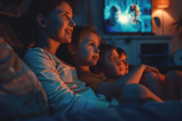 Foto mamá y los niños disfrutando de un maratón de películas