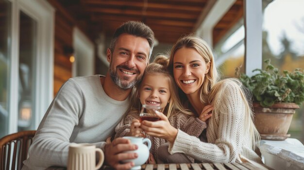 Foto mamá, papá e hija felices bebiendo té en la terraza de una casa clásica estadounidense.