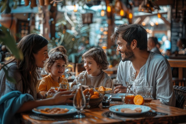 Foto mamá y papá están almorzando con sus hijos en un café comunicándose durante las comidas.