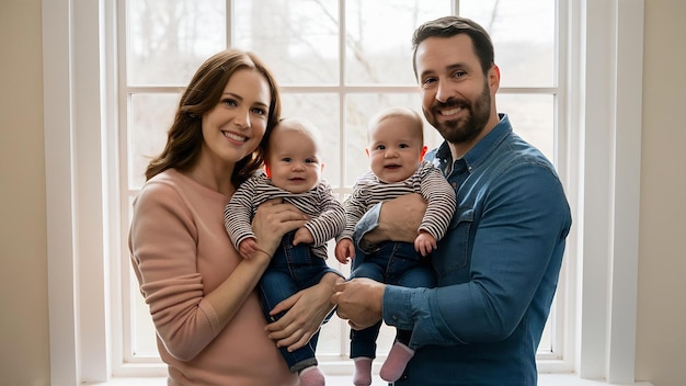 Mamá y papá felices posan con gemelos divertidos en sus brazos ante una ventana brillante