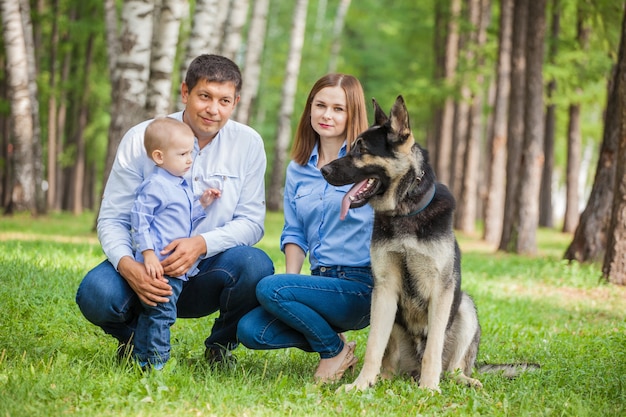 Mama, Papa und Sohn auf einem Spaziergang mit einem Schäferhund im Wald