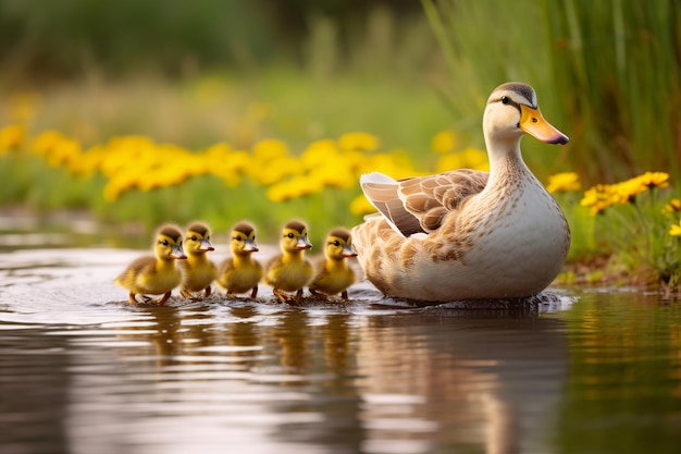 Mamá pata llevando a sus patitos a través de un estanque