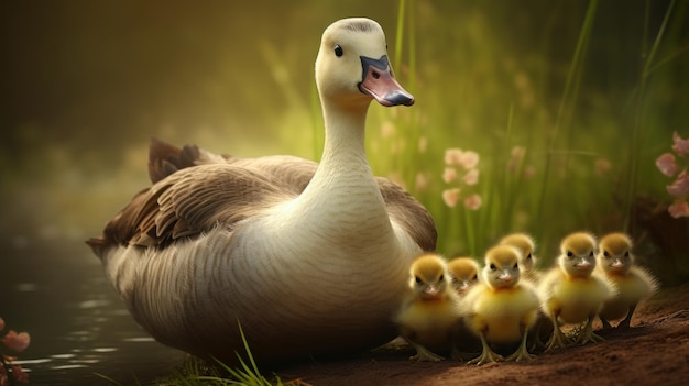 Una mamá pato con sus patitos en la hierba