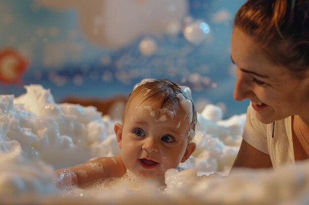 Foto mamá presentando a su bebé a f sensorial amigable para bebés