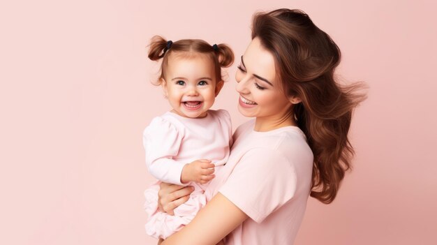 Una mamá sonriente y una bebé en una sesión de fotos