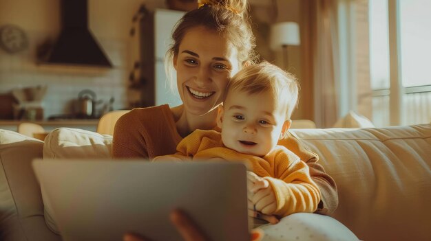 Mamá sonriente trabajando en casa con su hijo en el sofá mientras escribe un correo electrónico Mujer joven trabajando desde casa mientras está en aislamiento de cuarentena durante