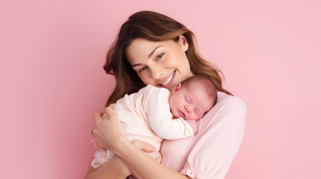 Mamá sosteniendo a un bebé recién nacido con fondo rosa