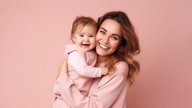 Mamá sosteniendo a un bebé recién nacido con fondo rosa