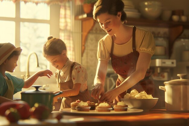 Mama und Kinder backen ein besonderes Dessert