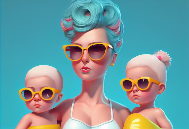 Mama und Mädchen in Badeanzügen mit einem Handtuch im Haar und Sonnenbrille 3D-Illustration Generieren Sie Ai