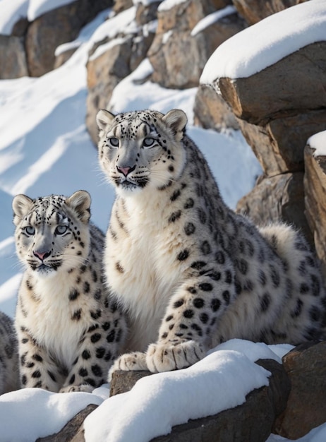 Foto mamãe e filhote de leopardo-da-neve