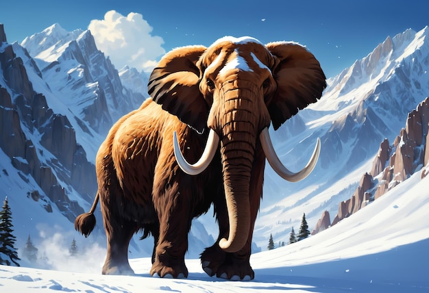 El mamut camina sobre colinas cubiertas de nieve AI generativa